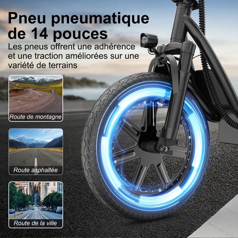AOVOPRO 500W Monopattino elettrico, pneus de 14 pouces, vitesse maximale 25 km/h,autonomie 43/78 km, système de suspension hydraulique, guidon pliable avec panier.