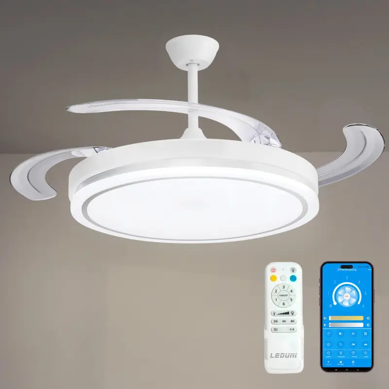 Ventilador de techo con luz LED en 3 Temperaturas de Luz con Mando a Distancia -Motor DC Eficiente y Silencioso, 3 tonalidades, aspas desplegables retráctiles, 6 velocidades, control remoto, memoria, temporizador
