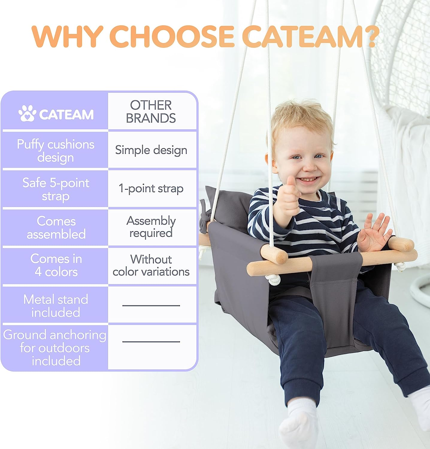 Canvas Baby Swing, Wooden Hanging Swing Seat Chair with Safety Belt, Durable Baby Hammock Chair, Outdoor and Indoor Swing for Kids, Mounting Hardware Included, Ivory