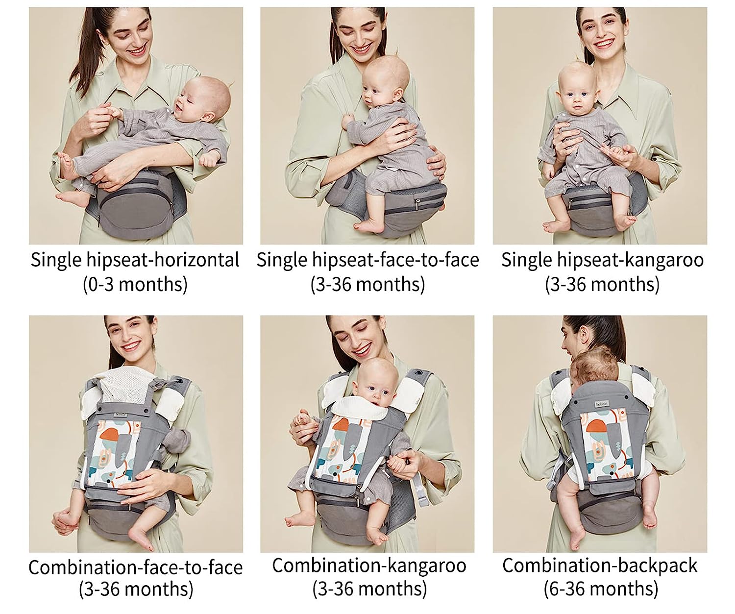 Baby Carrier Newborn to Toddler Baby Hip Carrier with Head Hood,Waist Extender & 3 Pieces Teething Pads (Grey)