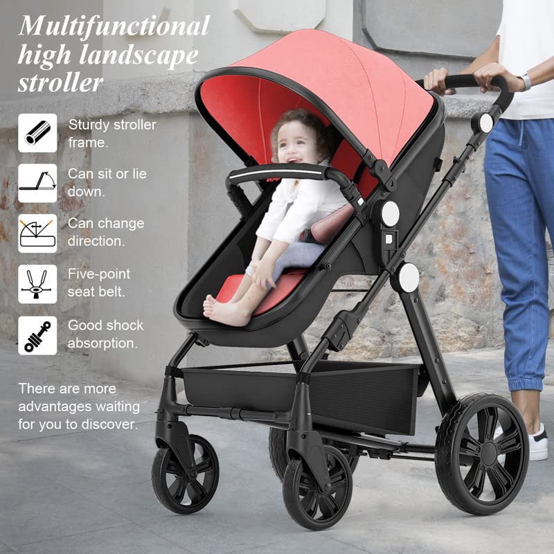 Baby Stroller Newborn Carriage Infant Reversible Bassinet to Luxury Toddler Vista Seat for Boy Girl Compact Single All Terrain Babies Pram Strollers Add Stroller Cover, Cup Holder, Net