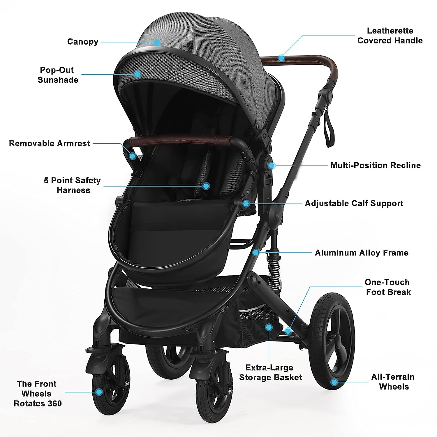 Newborn Infant Toddler Baby Stroller - Strollers with Backrest Adjustable Reversible, 2 in 1 High Landscape Convertible Bassinet Foldable Aluminum Alloy 3D Shock Absorption All Terrain Pram