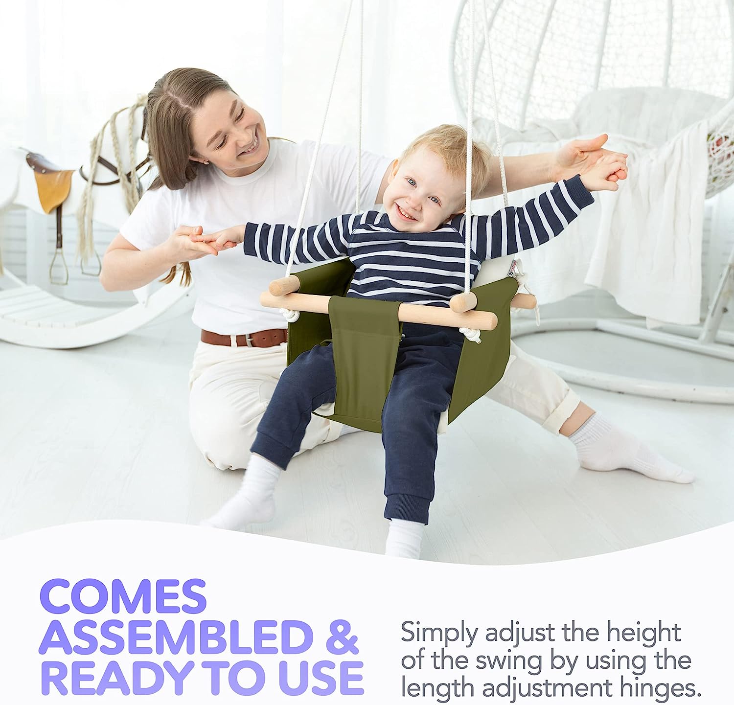 Canvas Baby Swing, Wooden Hanging Swing Seat Chair with Safety Belt, Durable Baby Hammock Chair, Outdoor and Indoor Swing for Kids, Mounting Hardware Included, Ivory