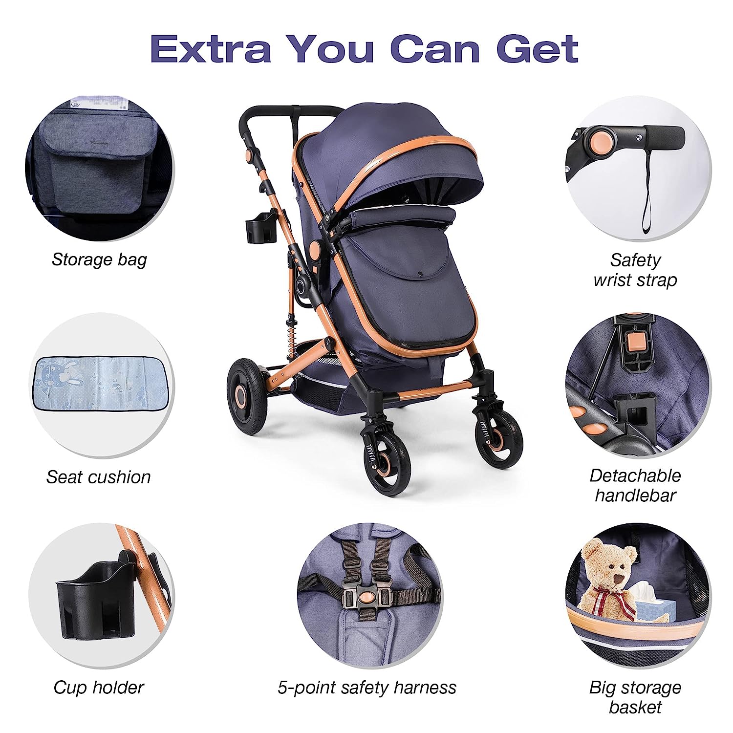 Baby Stroller, High Landscape Infant Stroller, Newborn Reversible Bassinet Pram, Foldable Pushchair with Foot Cover, Cup Holder, Net, Safety Wrist Strap (Celadon)