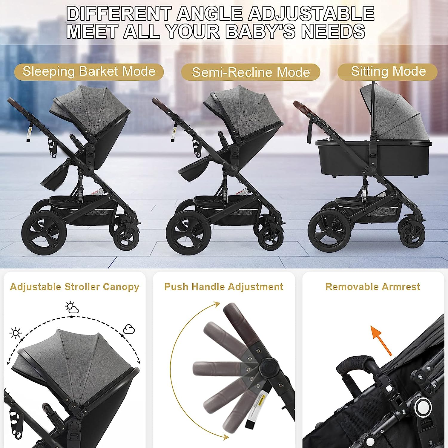 Newborn Infant Toddler Baby Stroller - Strollers with Backrest Adjustable Reversible, 2 in 1 High Landscape Convertible Bassinet Foldable Aluminum Alloy 3D Shock Absorption All Terrain Pram