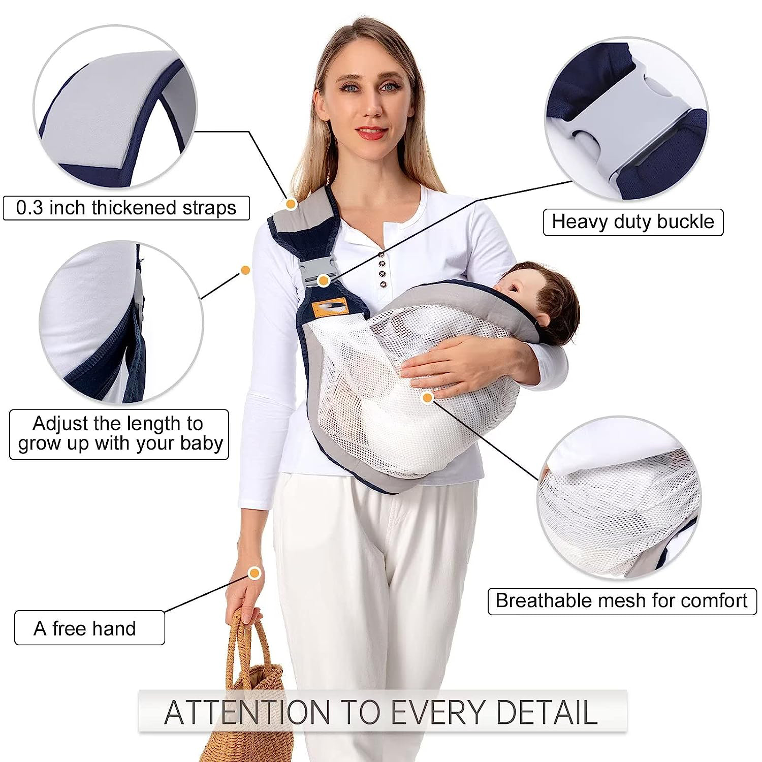 Baby Sling Carrier Newborn to Toddler, Lightweight Baby Carrier Sling, Baby Wrap Sling, Baby Hip Seat Carrier for Toddler Sling, Baby Holder Carrier, Nursing Sling, Carrying 7-45 lbs, Grey