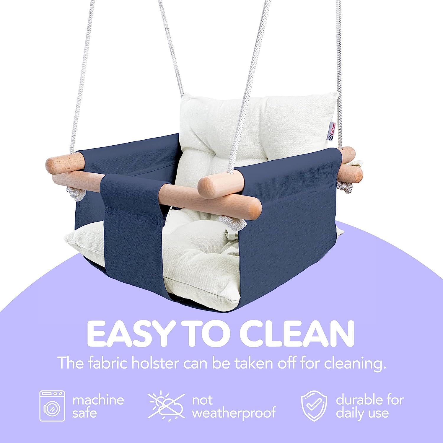 Canvas Baby Swing, Wooden Hanging Swing Seat Chair with Safety Belt, Durable Baby Hammock Chair, Outdoor and Indoor Swing for Kids, Mounting Hardware Included, Ivory