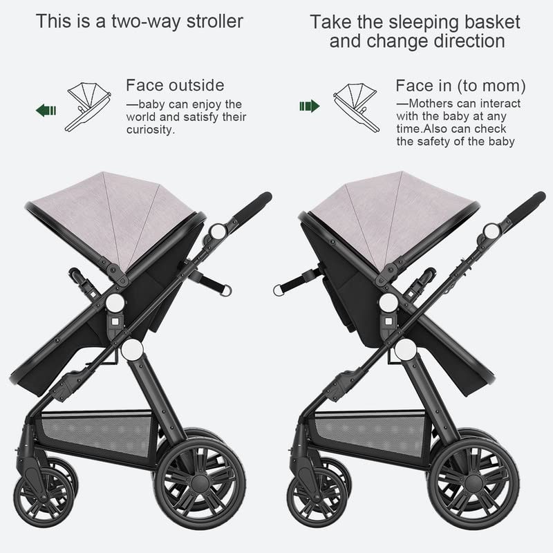 Baby Stroller Newborn Carriage Infant Reversible Bassinet to Luxury Toddler Vista Seat for Boy Girl Compact Single All Terrain Babies Pram Strollers Add Stroller Cover, Cup Holder, Net