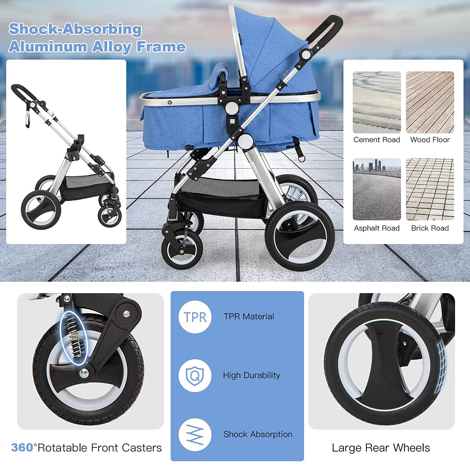 Baby Stroller for Newborn, 2 in 1 High Landscape Infant Stroller & Convertible Bassinet Pram, Adjustable Backrest & Canopy, Cup Holder, Storage Basket, Foldable Pushchair w/Foot Cover (Blue)