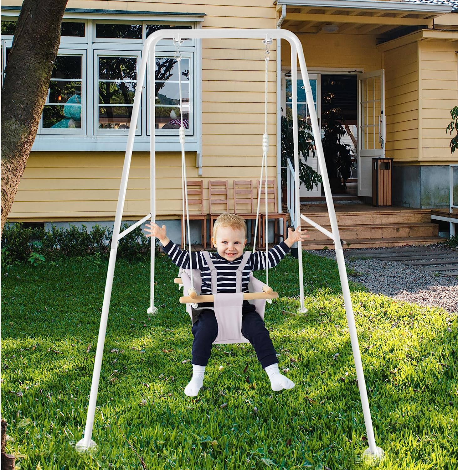 Canvas Baby Swing, Wooden Hanging Swing Seat Chair with Safety Belt, Durable Baby Hammock Chair, Outdoor and Indoor Swing for Kids, Mounting Hardware Included, Ivory