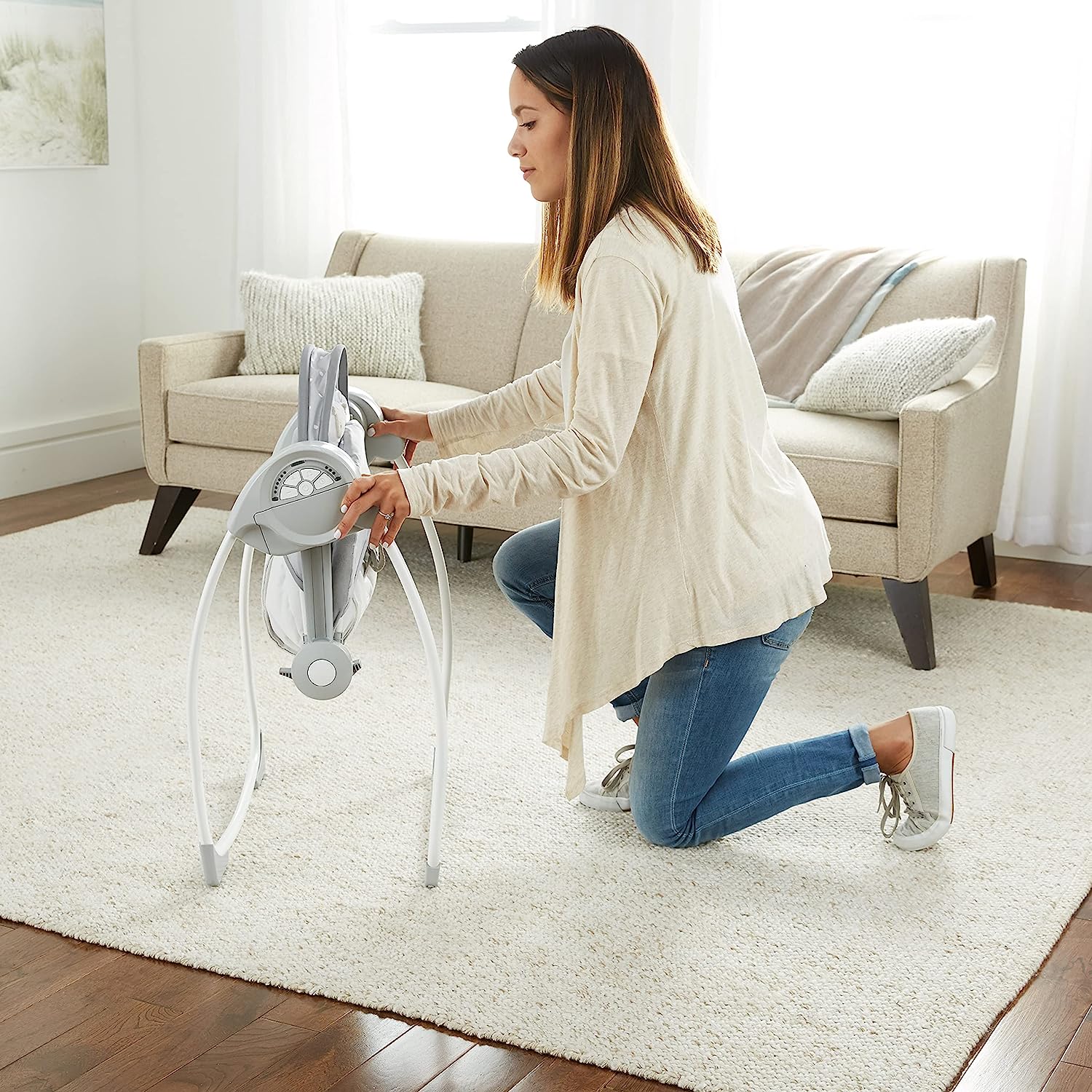 Ingenuity Soothe 'n Delight Compact Portable 6-Speed Plush Baby Swing with Music, Folds Easy, 0-9 Months 6-20 lbs (Cozy Kingdom)