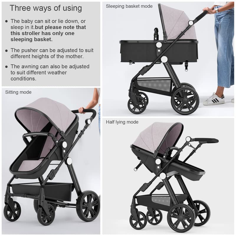 Baby Stroller Newborn Carriage Infant Reversible Bassinet to Luxury Toddler Vista Seat for Boy Girl Compact Single All Terrain Babies Pram Strollers Add Stroller Cover, Cup Holder, Net