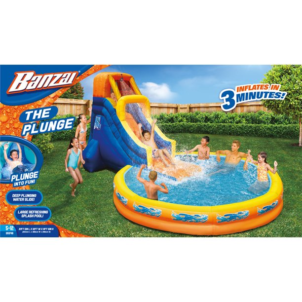 BANZAI The Plunge Inflatable Water Park Play Center - Climbing Wall, Water Slide & Oversized Splash Pool - Outdoor Summer Fun For Kids & Families