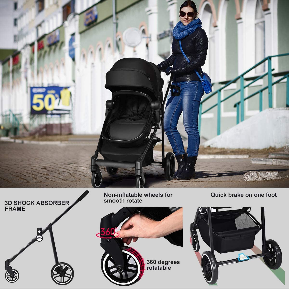 Baby Stroller, High Landscape Infant Stroller and Reversible Bassinet Pram, Foldable Pushchair with Adjustable Canopy, Cup Holder, Storage Basket, Suspension Wheels (Black)
