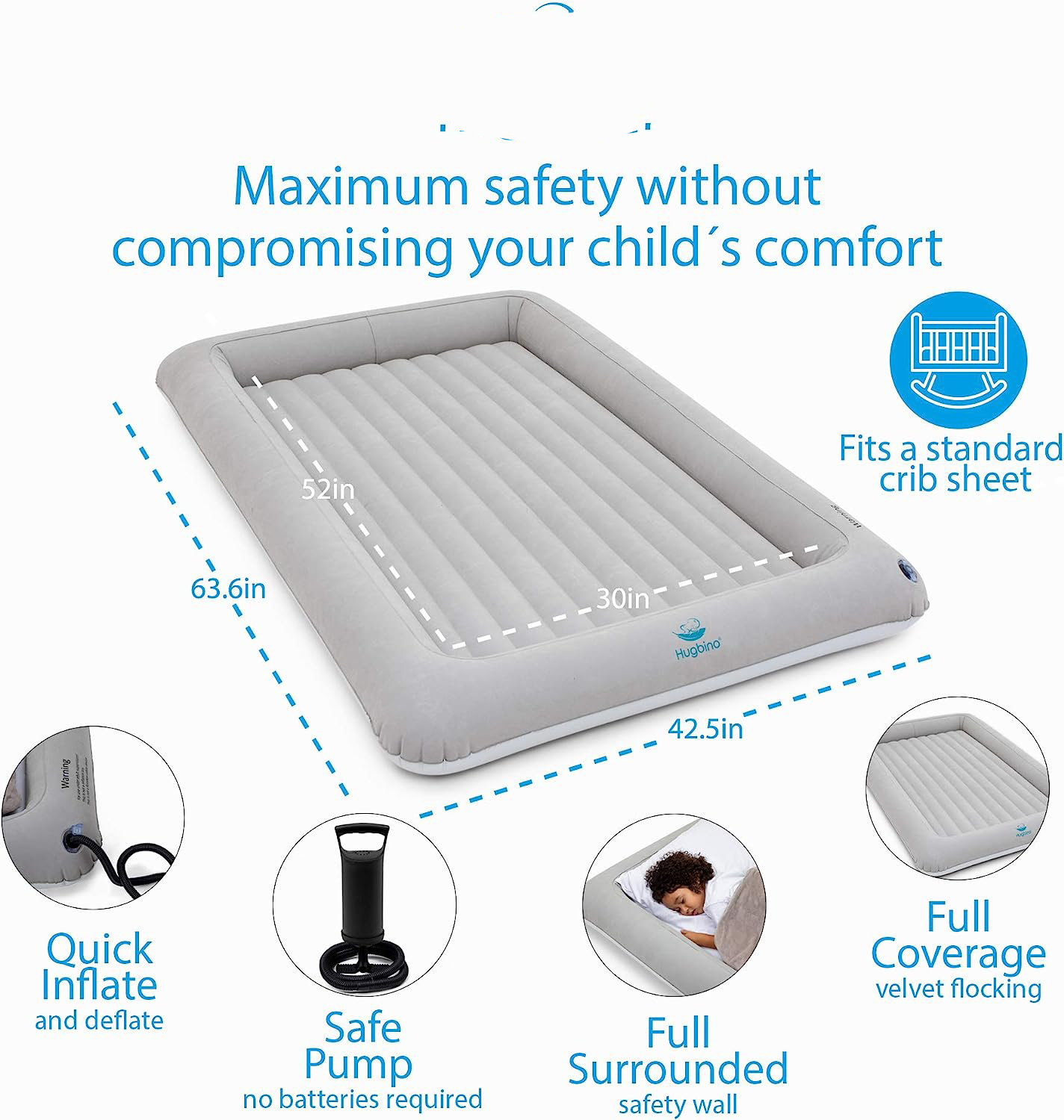 Inflatable Toddler Travel Bed - Kids Air Mattress - Portable Blow Up Bed for Children, Lightweight and Sturdy - Floor Beds and Mattresses for Youth, Durable Traveling Accessories for Toddlers