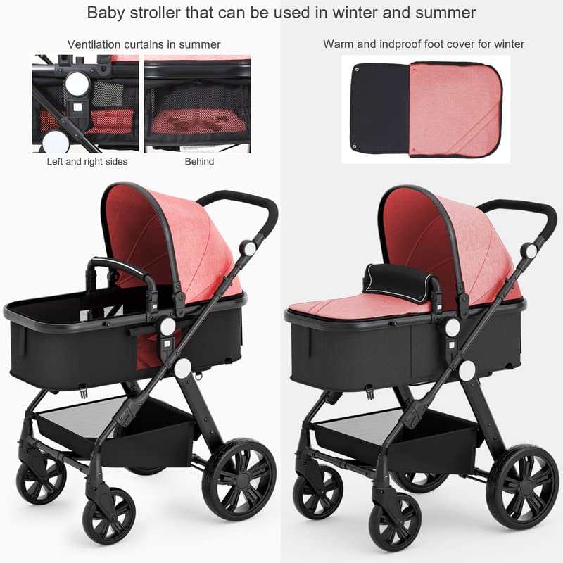 Baby Stroller Newborn Carriage Infant Reversible Bassinet to Luxury Toddler Vista Seat for Boy Girl Compact Single All Terrain Babies Pram Strollers Add Stroller Cover, Cup Holder, Net