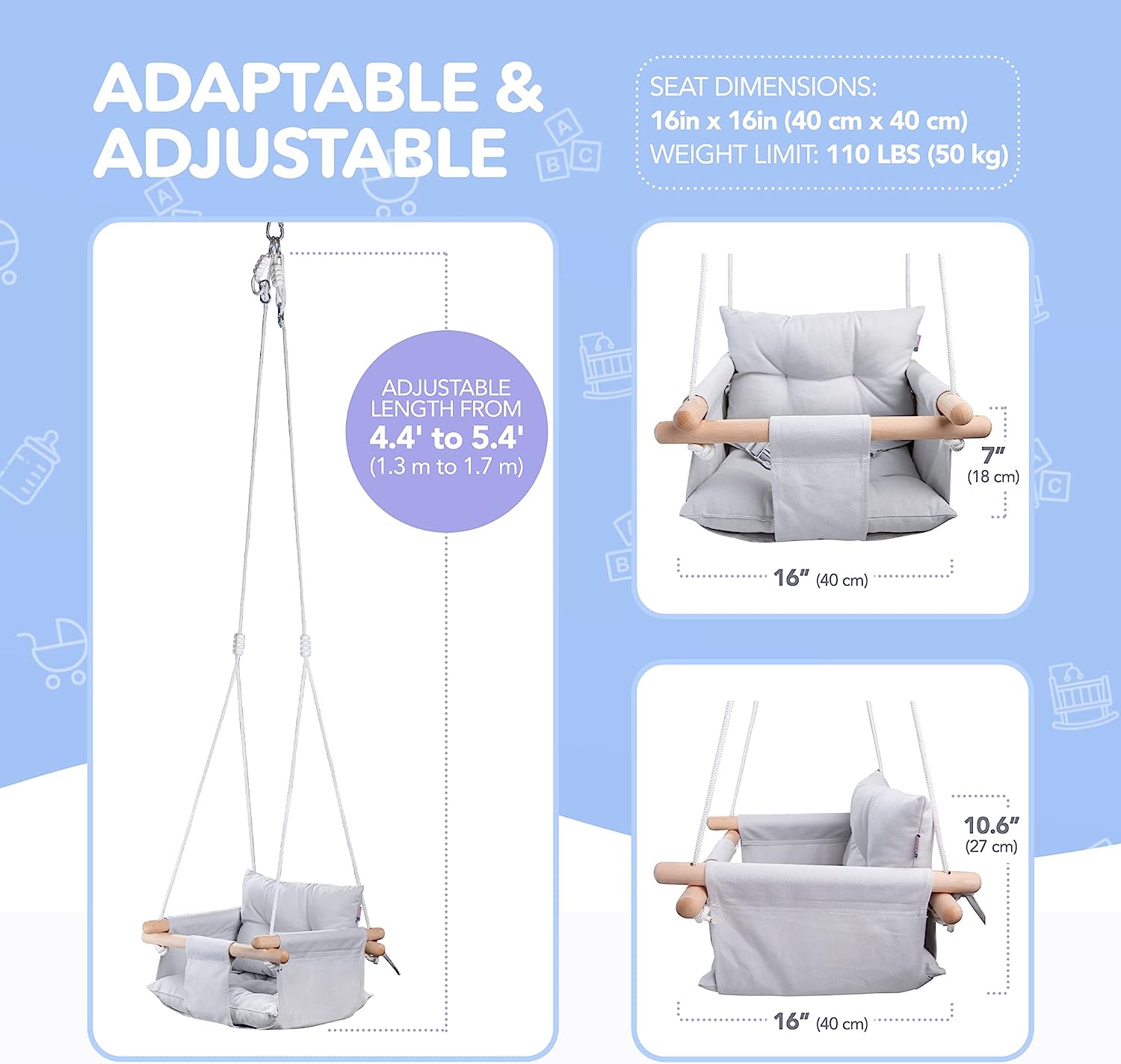Canvas Baby Swing, Wooden Hanging Swing Seat Chair with Safety Belt, Durable Baby Hammock Chair, Outdoor and Indoor Swing for Kids, Mounting Hardware Included, Ivory
