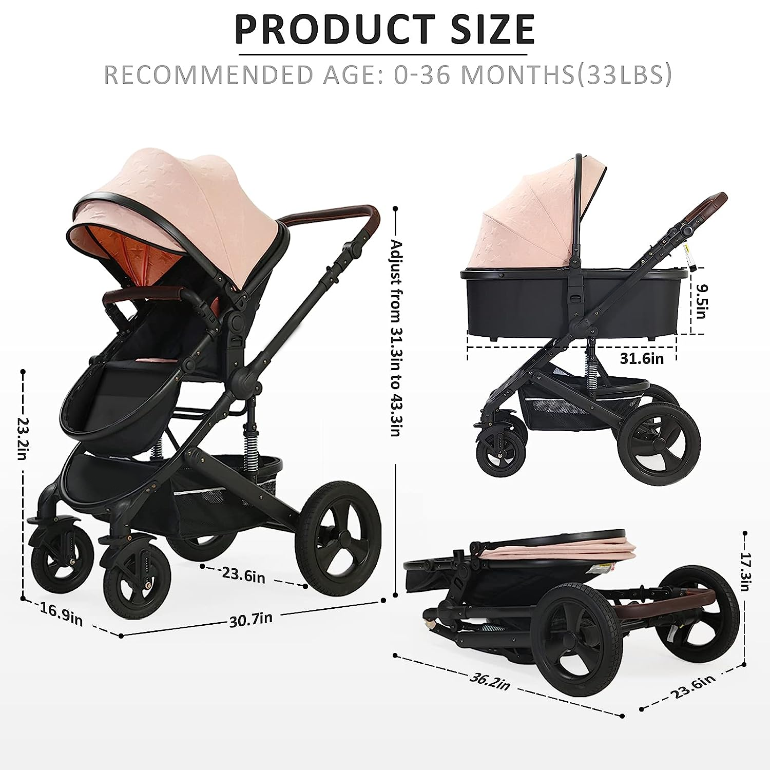 Newborn Infant Toddler Baby Stroller - Strollers with Backrest Adjustable Reversible, 2 in 1 High Landscape Convertible Bassinet Foldable Aluminum Alloy 3D Shock Absorption All Terrain Pram