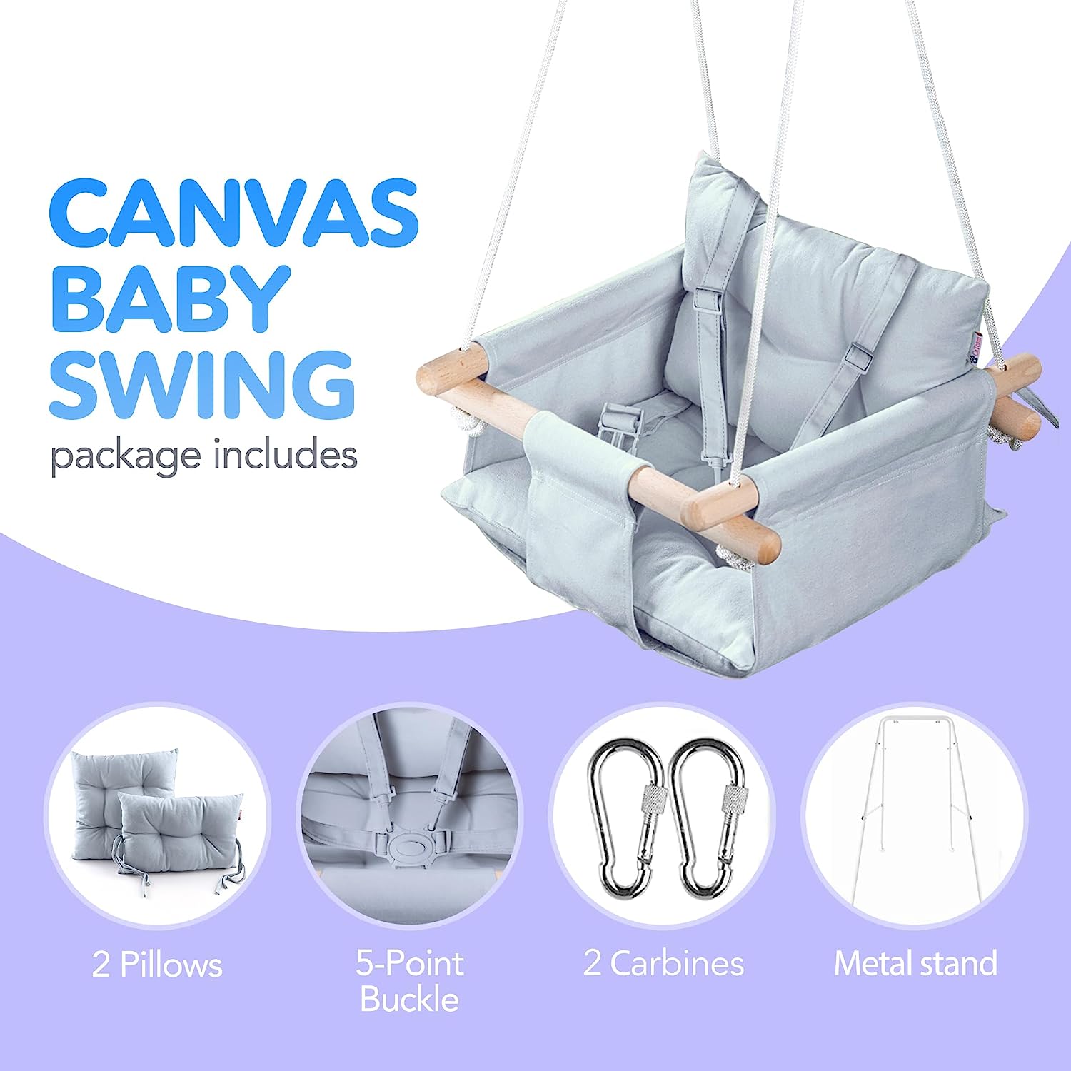 Canvas Baby Swing, Wooden Hanging Swing Seat Chair with Safety Belt, Durable Baby Hammock Chair, Outdoor and Indoor Swing for Kids, Mounting Hardware Included, Ivory