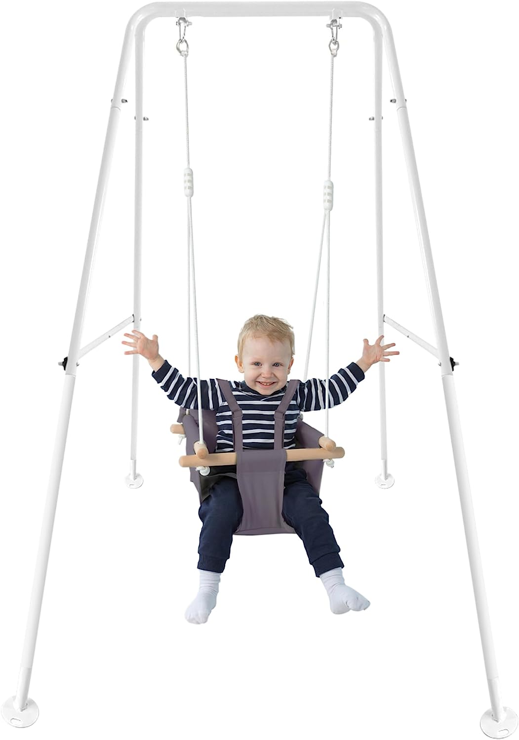 Canvas Baby Swing, Wooden Hanging Swing Seat Chair with Safety Belt, Durable Baby Hammock Chair, Outdoor and Indoor Swing for Kids, Mounting Hardware Included, Ivory