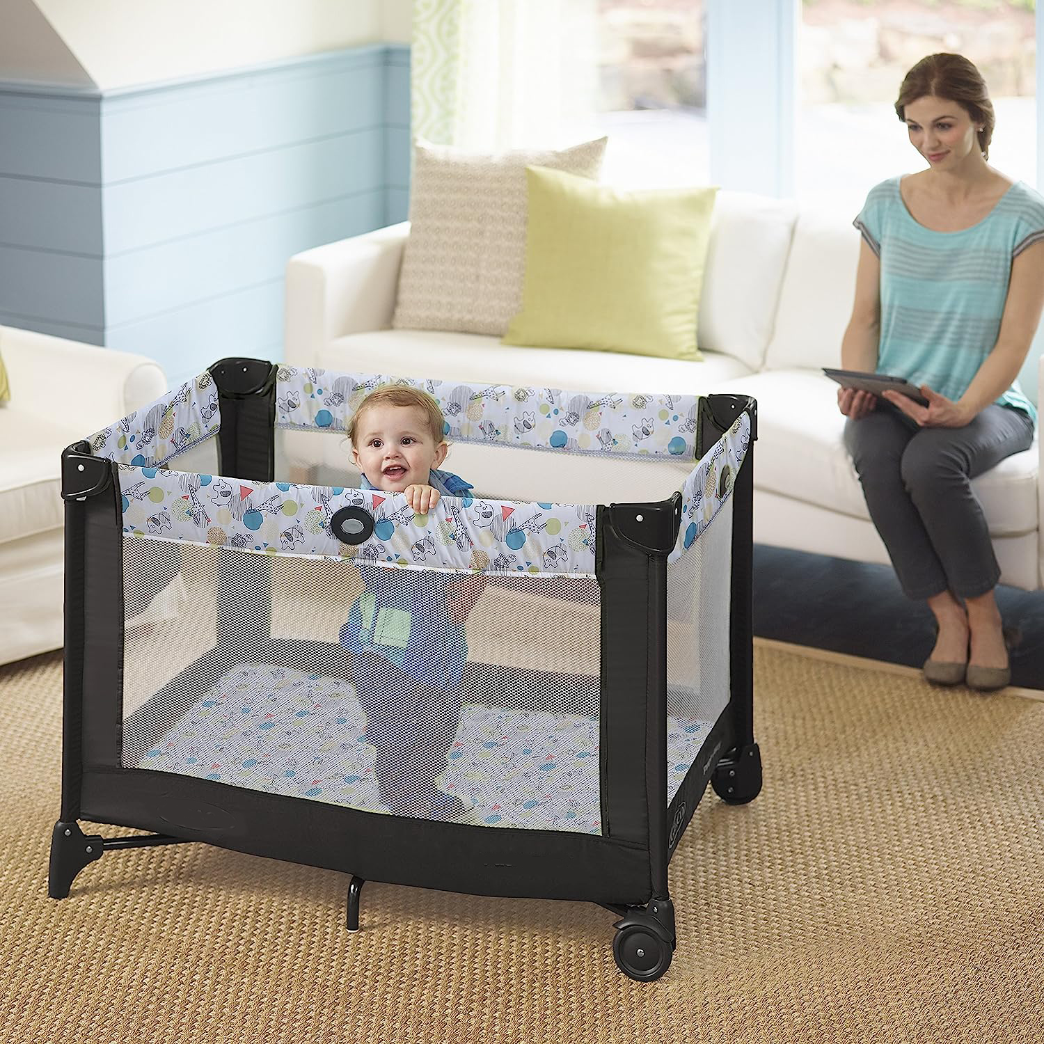 Pack and Play Portable Playard, Push Button Compact Fold, Carnival