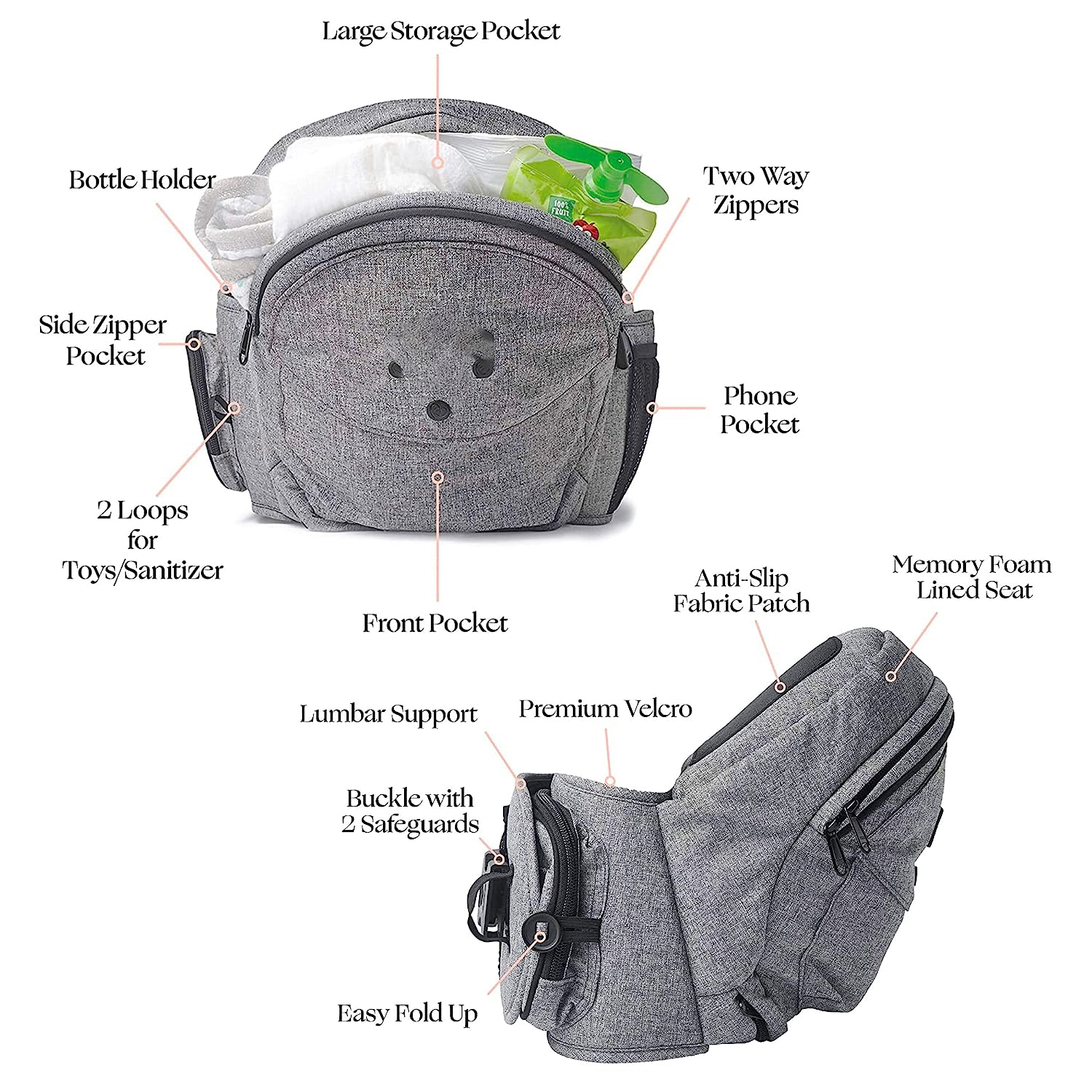 Safety-Certified Hip Seat Baby Carrier - Moms Choice Award Winner,  Ergonomic Carrier & Extenders for Newborns & Toddlers (Carrier, Grey)