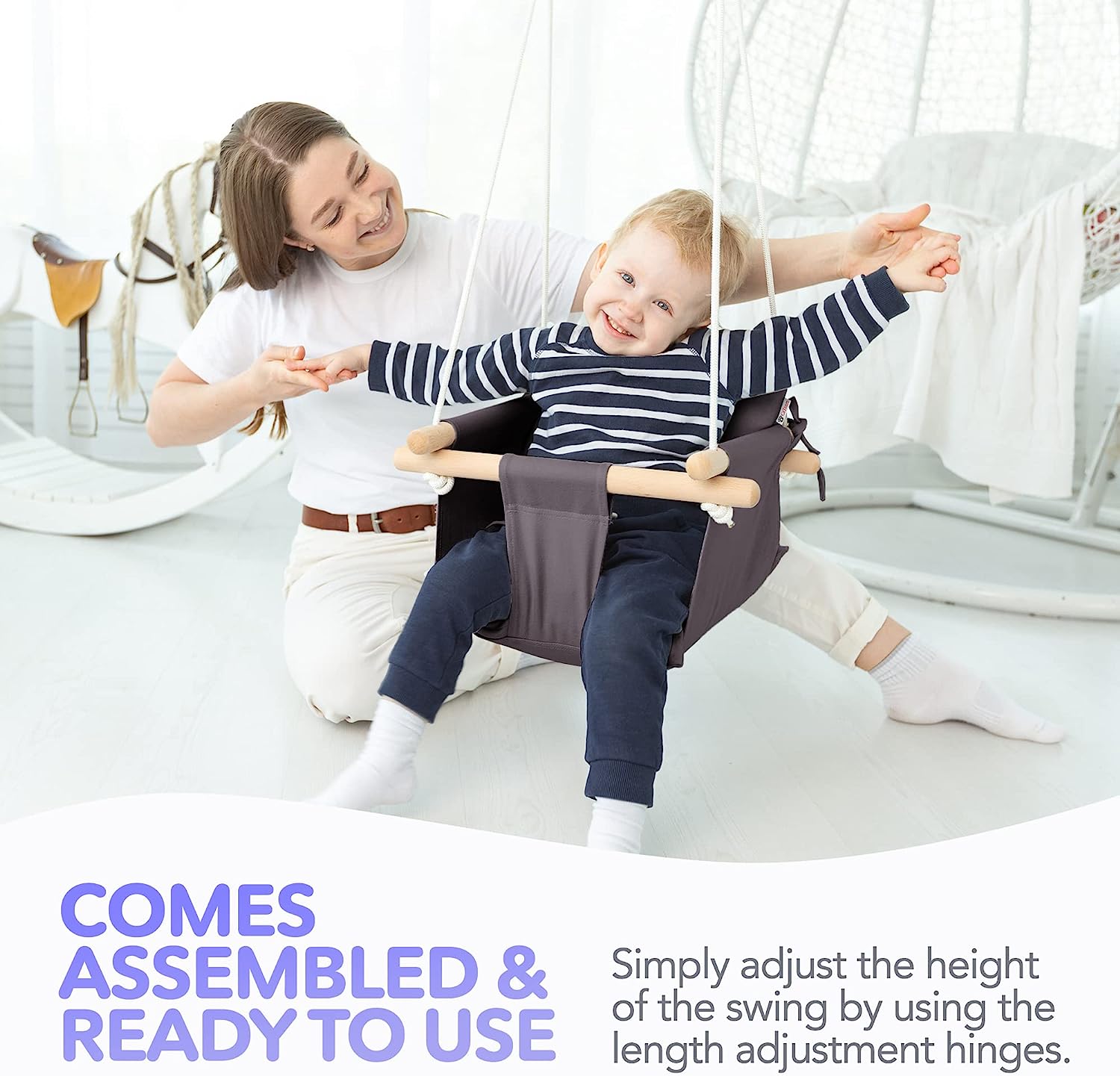 Canvas Baby Swing, Wooden Hanging Swing Seat Chair with Safety Belt, Durable Baby Hammock Chair, Outdoor and Indoor Swing for Kids, Mounting Hardware Included, Ivory