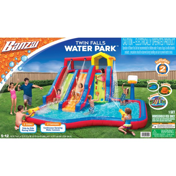 Banzai Twin Falls Giant Inflatable Water Park Bounce House - Two Water Slides & Climbing Wall - Outdoor Summer Fun For Kids & Families