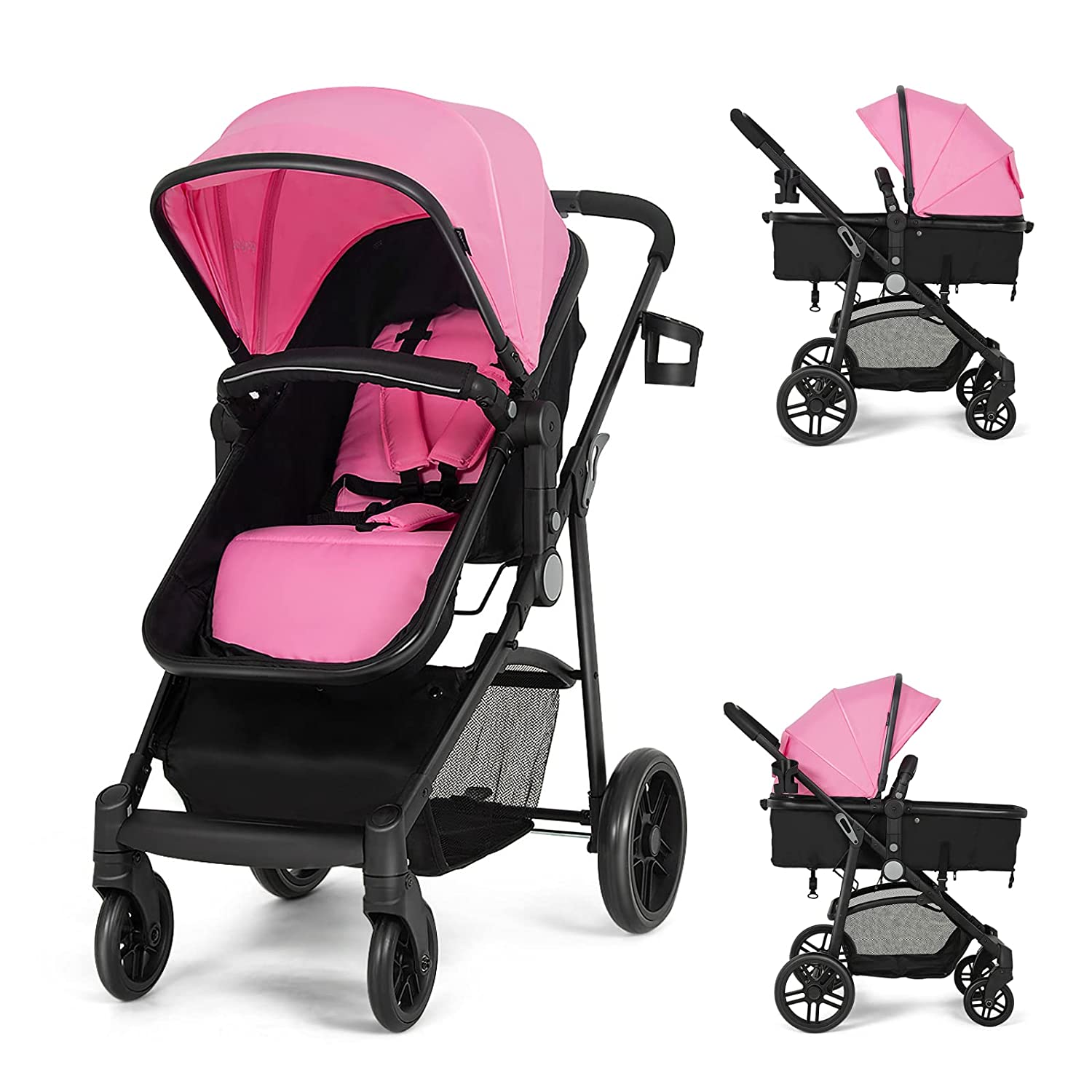 Baby Stroller, High Landscape Convertible Infant Bassinet Stroller, Adjustable Canopy & Backrest, Storage Basket, Cup Holder, Foldable Newborn Carriage Pram Stroller Pink)