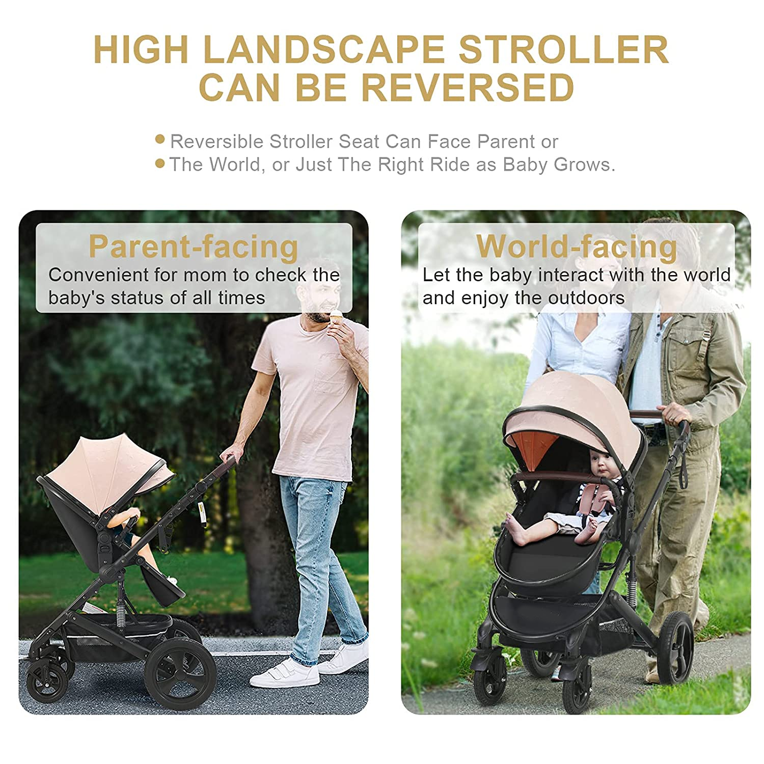 Newborn Infant Toddler Baby Stroller - Strollers with Backrest Adjustable Reversible, 2 in 1 High Landscape Convertible Bassinet Foldable Aluminum Alloy 3D Shock Absorption All Terrain Pram
