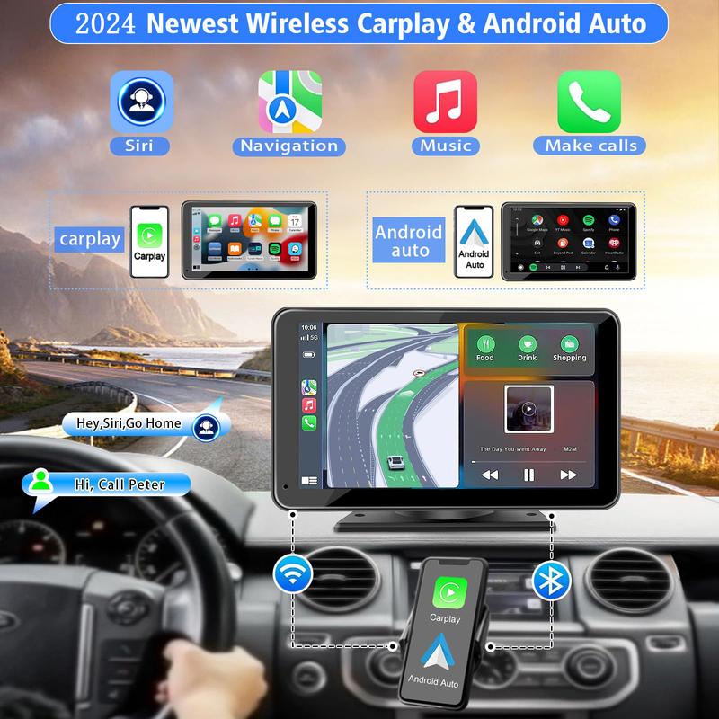 Hieha 2025 Upgraded Wireless Carplay Stereo with Suction Mount, Rear Camera, Seamless Mirrorlink, Supports Landscape & Portrait Modes