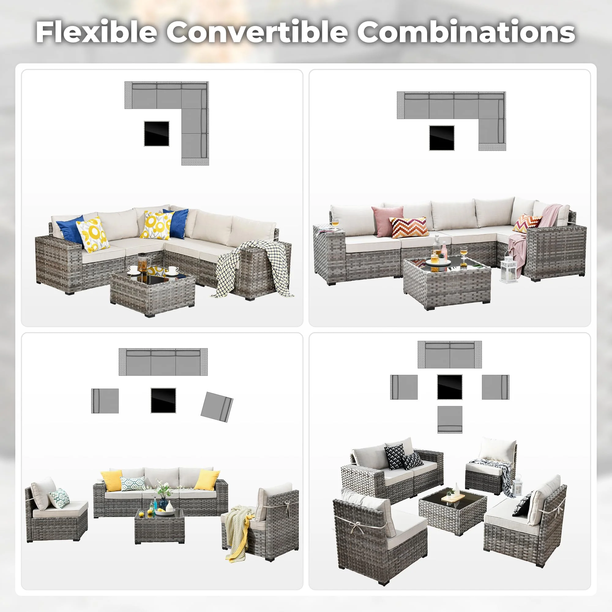 Ovios 6 Pieces Outdoor Sectional Sofa with 7.68'' Broad Handrails