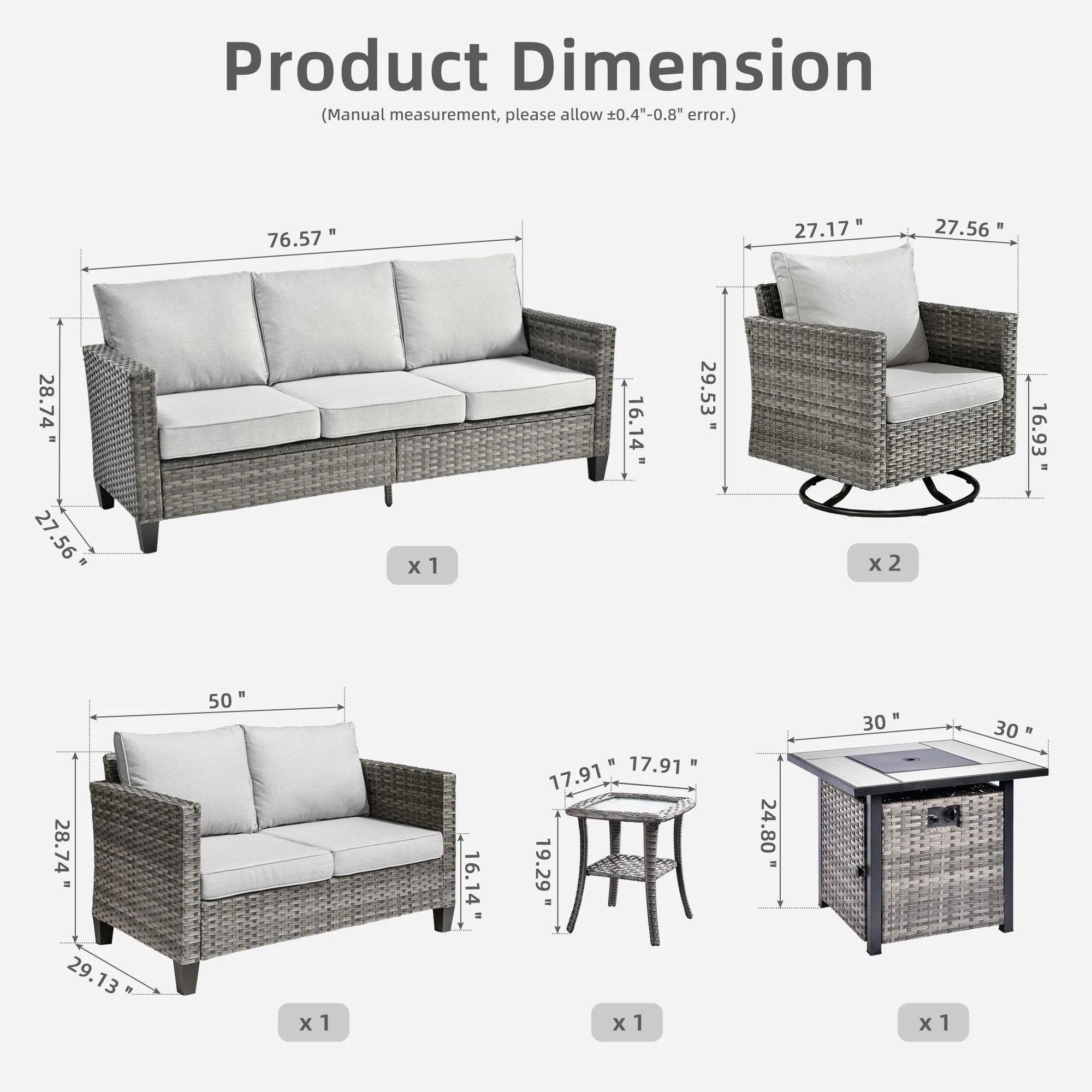 Ovios Patio Vultros 6-Piece Set With Swivel Chair Lover seat and 30'' Propane Fire Pit Table