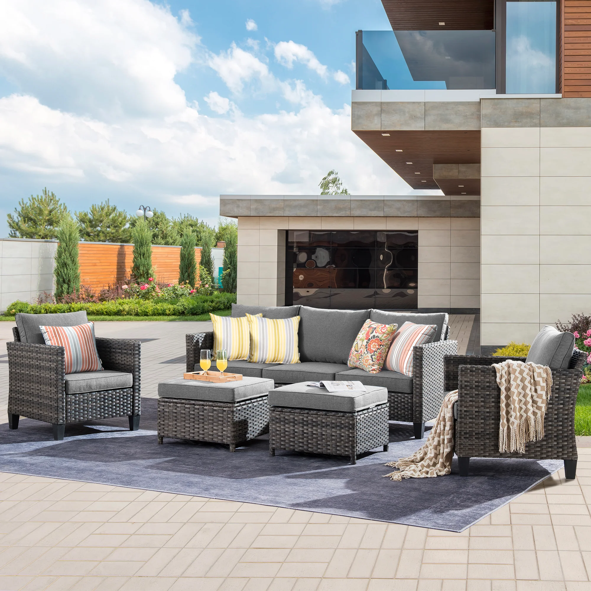 Ovios Outdoor Patio Conversation Set New Vultros 5-Piece High Back Sofa Set with Cushions