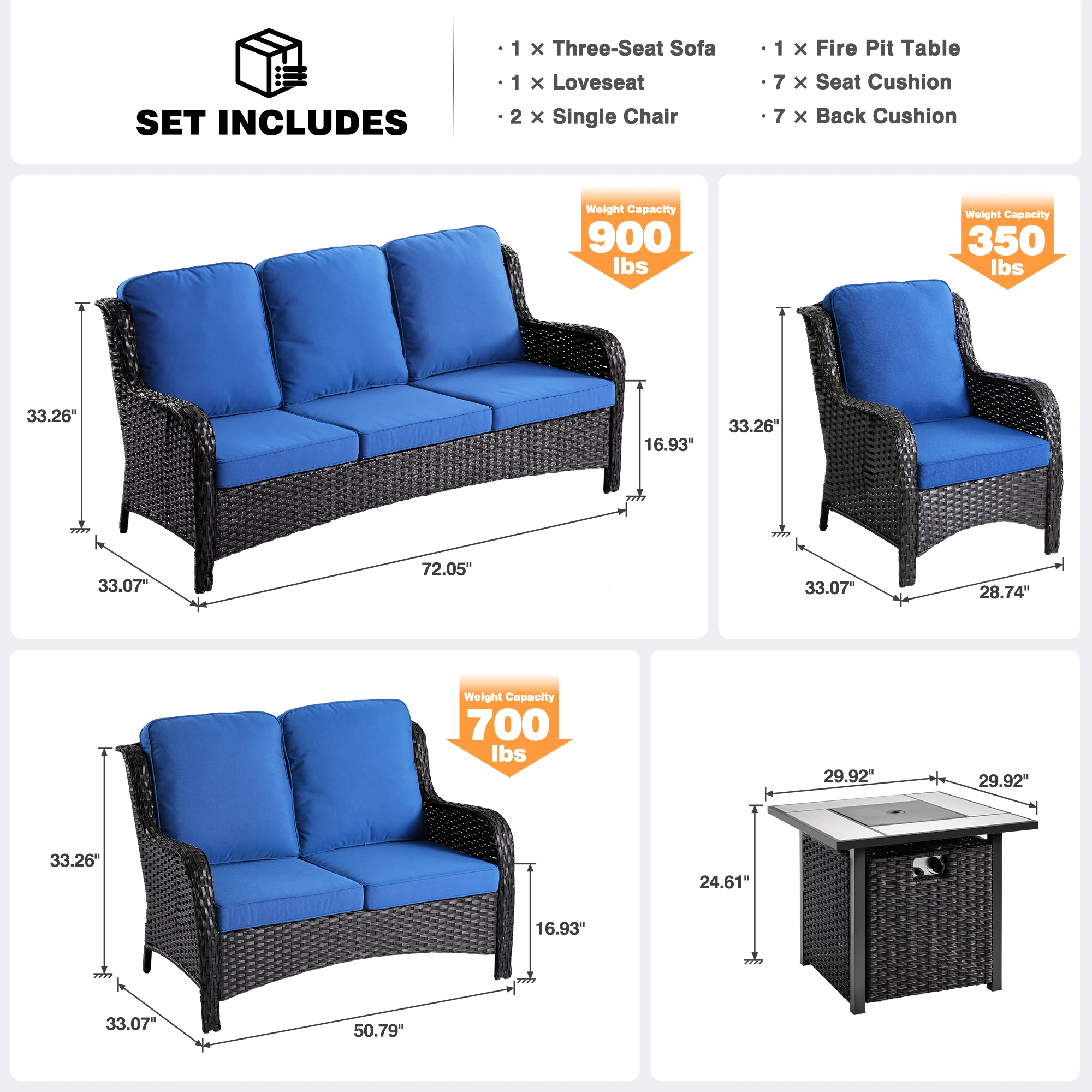 Ovios Patio Kenard 5-Piece Conversation Set with 30'' Fire Pit Table and Loveseat