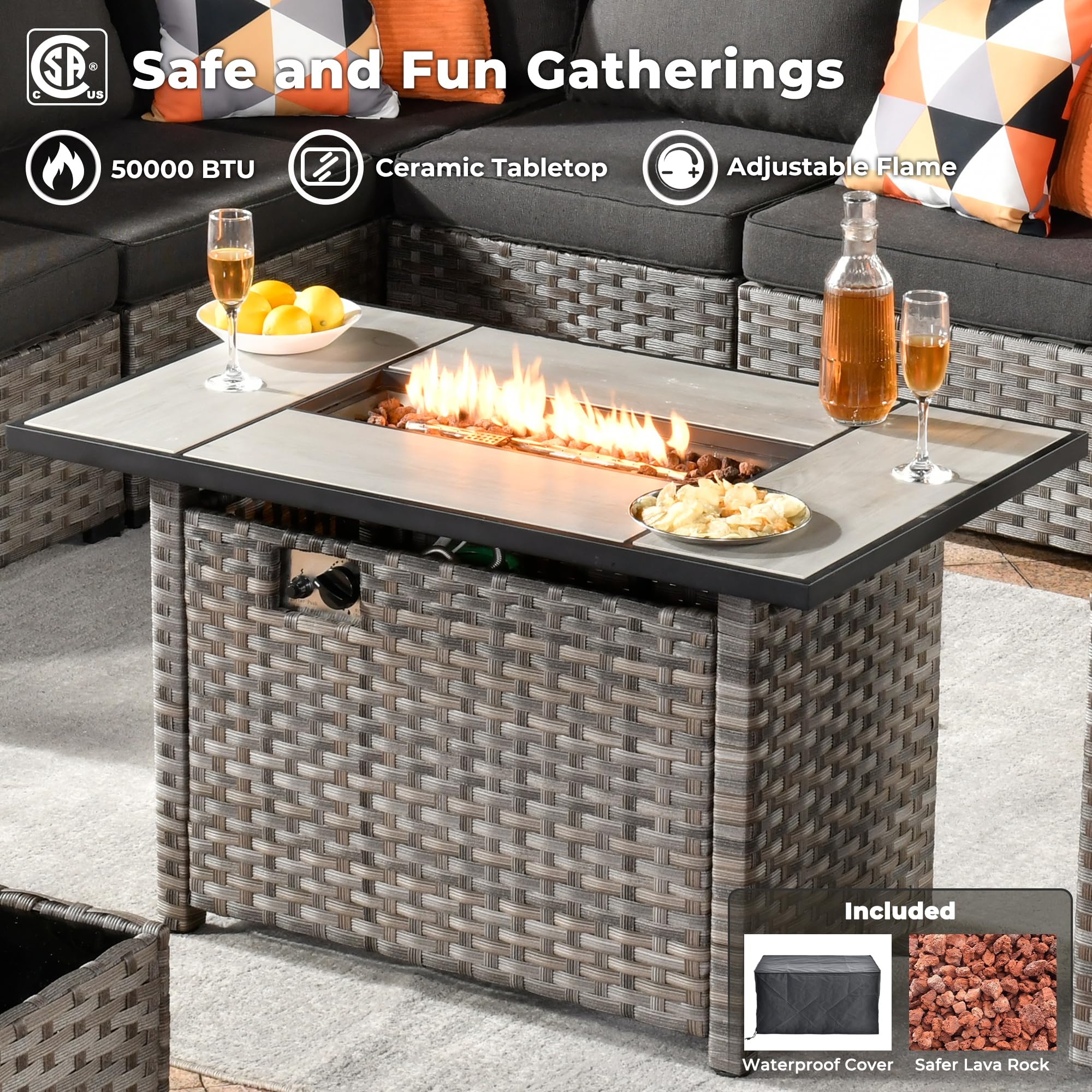 Ovios 13 Pieces Outdoor Furniture with 7.68'' Broad Handrails and Rectangle 42.12'' Fire Pit Table