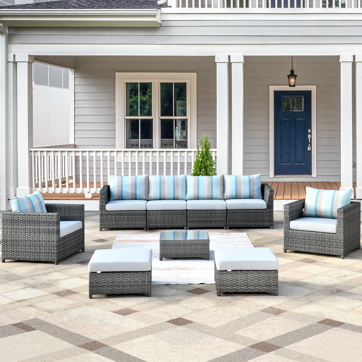 Ovios Outdoor Furniture Bigger Size 9-Piece with Grey Sunbrella, Fully Assembled, King Series, with 2 Chairs