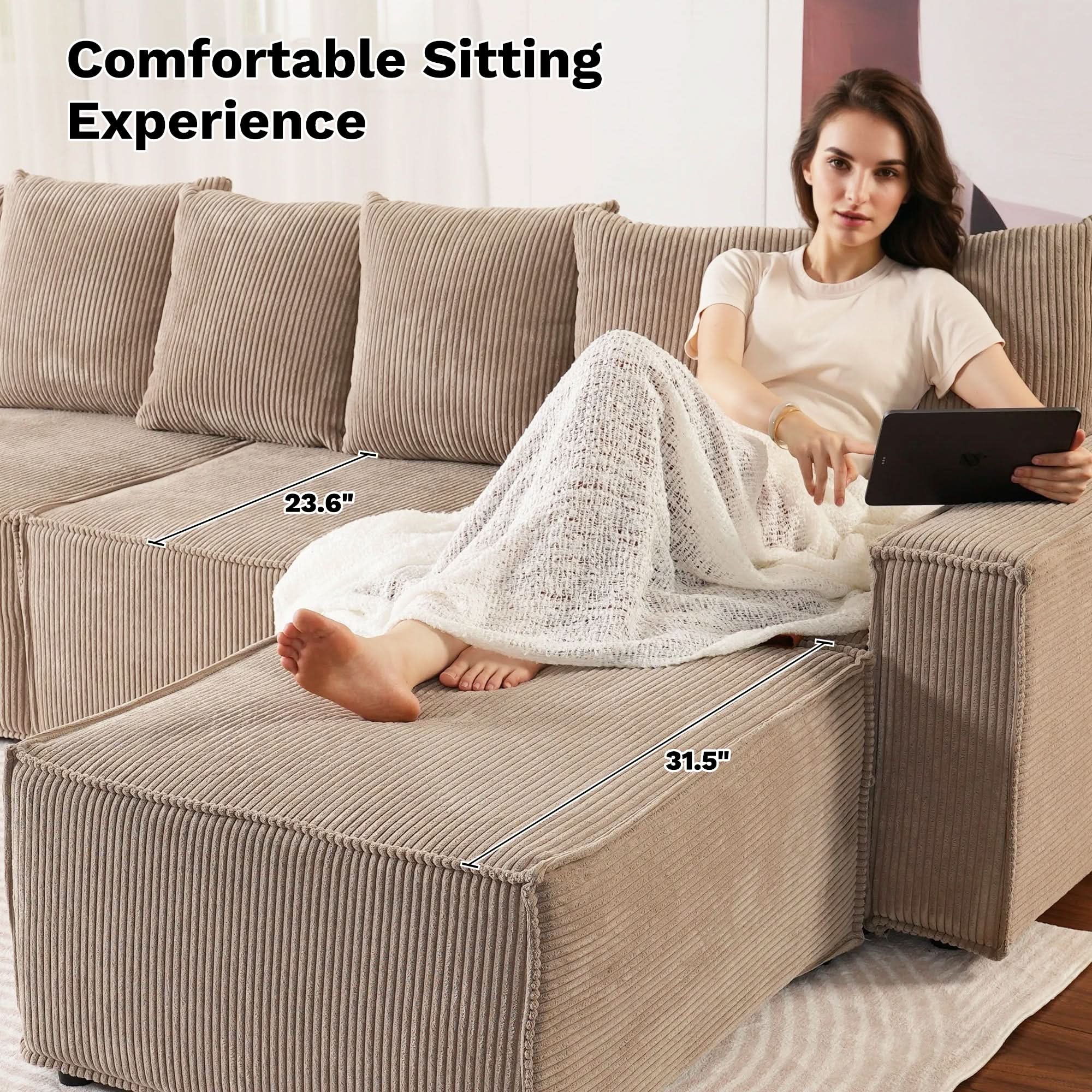 Ovios Living Room Modular Couch 6-Pieces Set, Wide Armrests