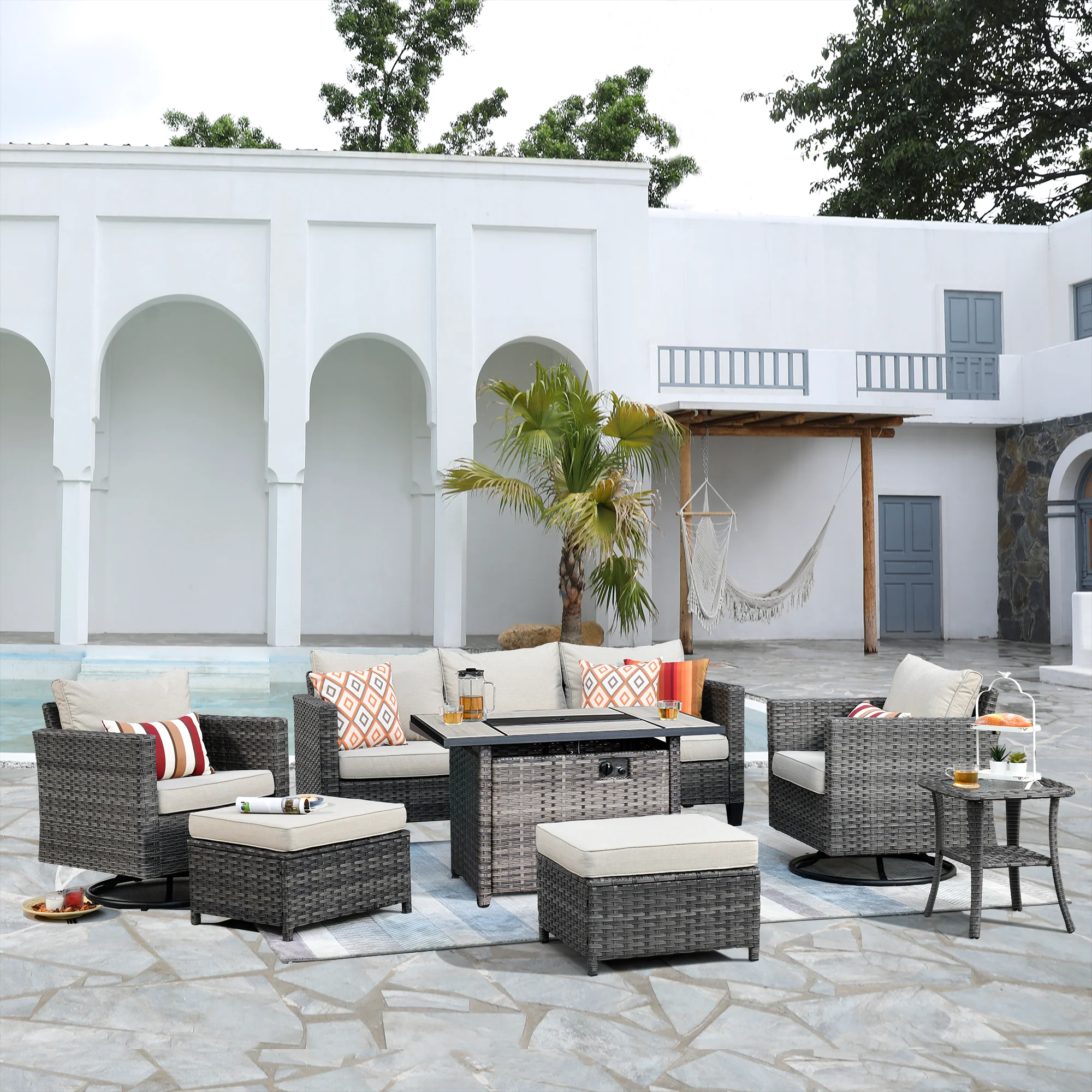 Ovios Patio Vultros 7-Piece Set With Swivel Chair and Rectangle 42'' Propane Fire Pit Table