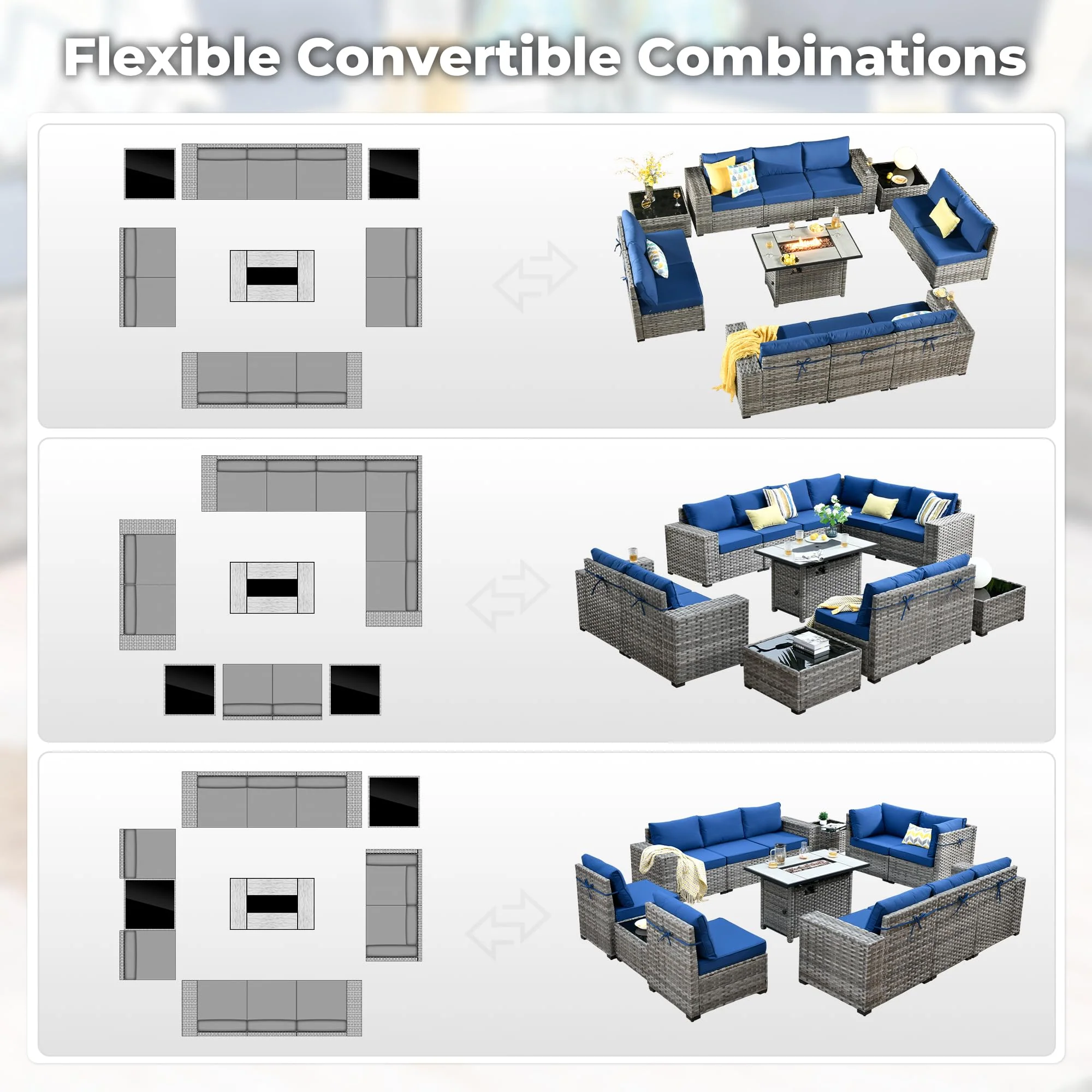 Ovios 13 Pieces Outdoor Furniture with 7.68'' Broad Handrails and Rectangle 42.12'' Fire Pit Table