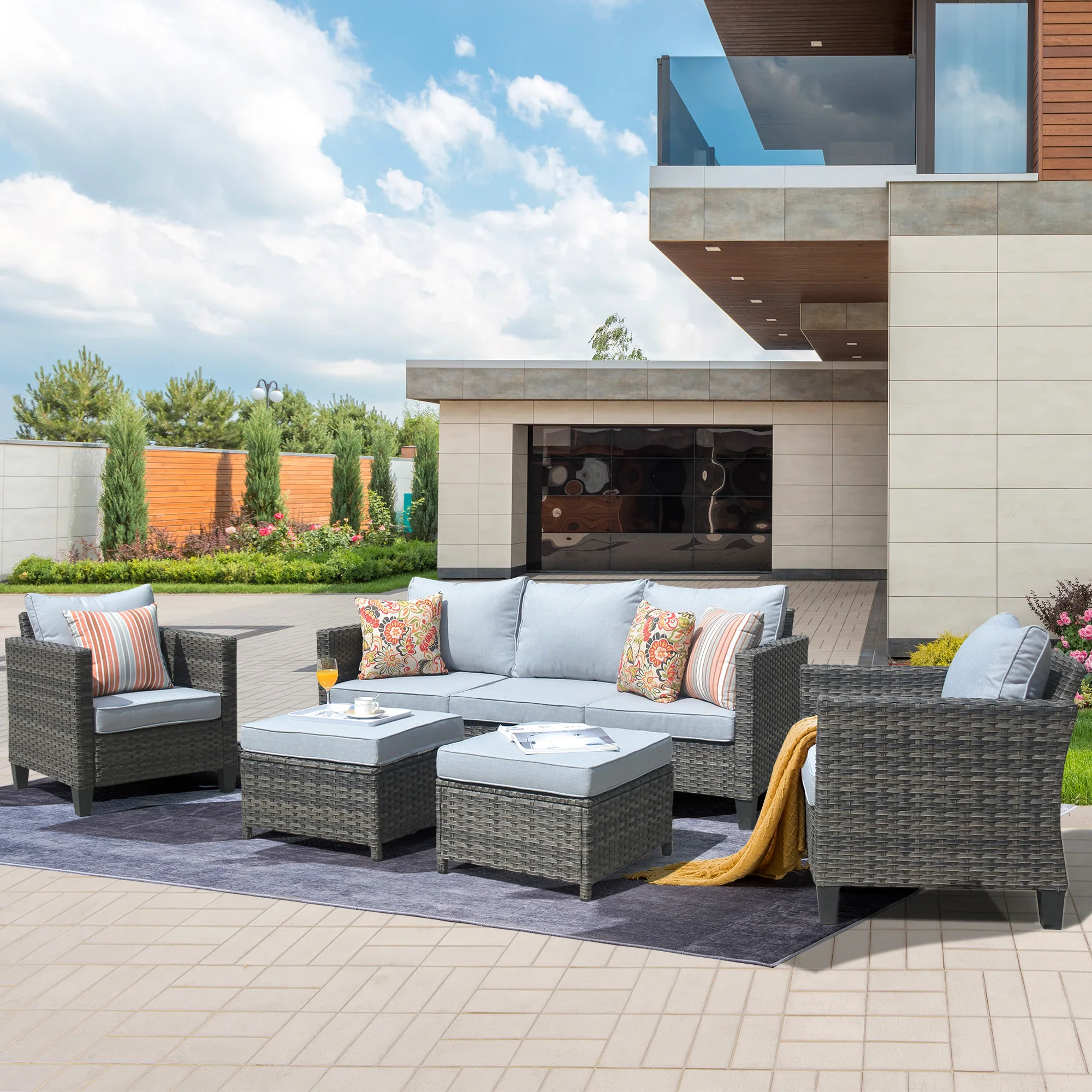 Ovios Outdoor Patio Conversation Set New Vultros 5-Piece High Back Sofa Set with Cushions