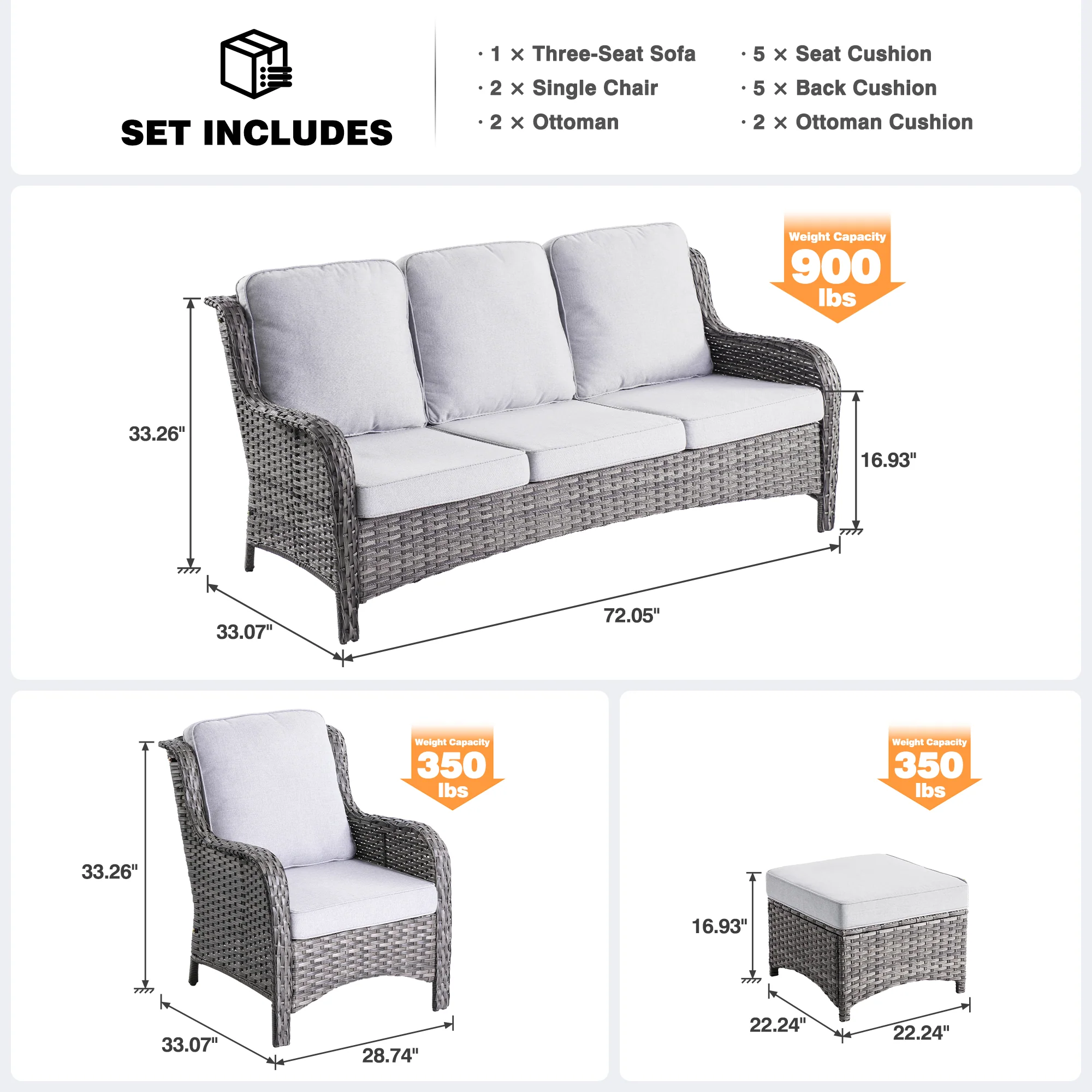 Ovios Patio Conversation Set 5-Piece with Cushions Kenard Curved Handrest