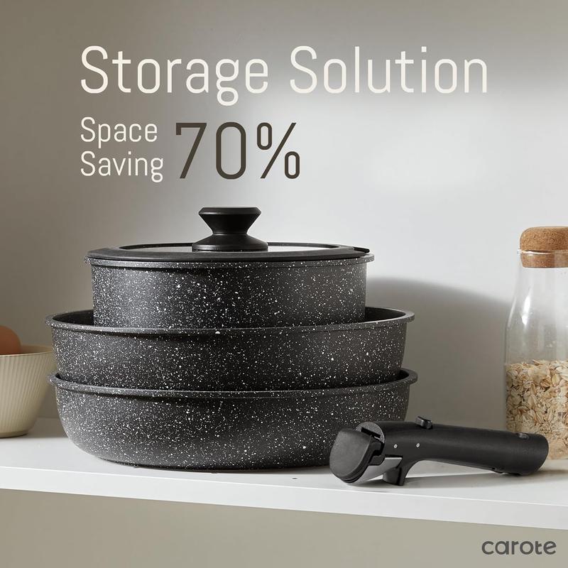 CAROTE 18pcs Detachable Handle Nonstick Cookware Set, Blue/Green/Black/Taupe/White, Pots and Pans, Oven safe Frying Pan, Dishwasher Safe