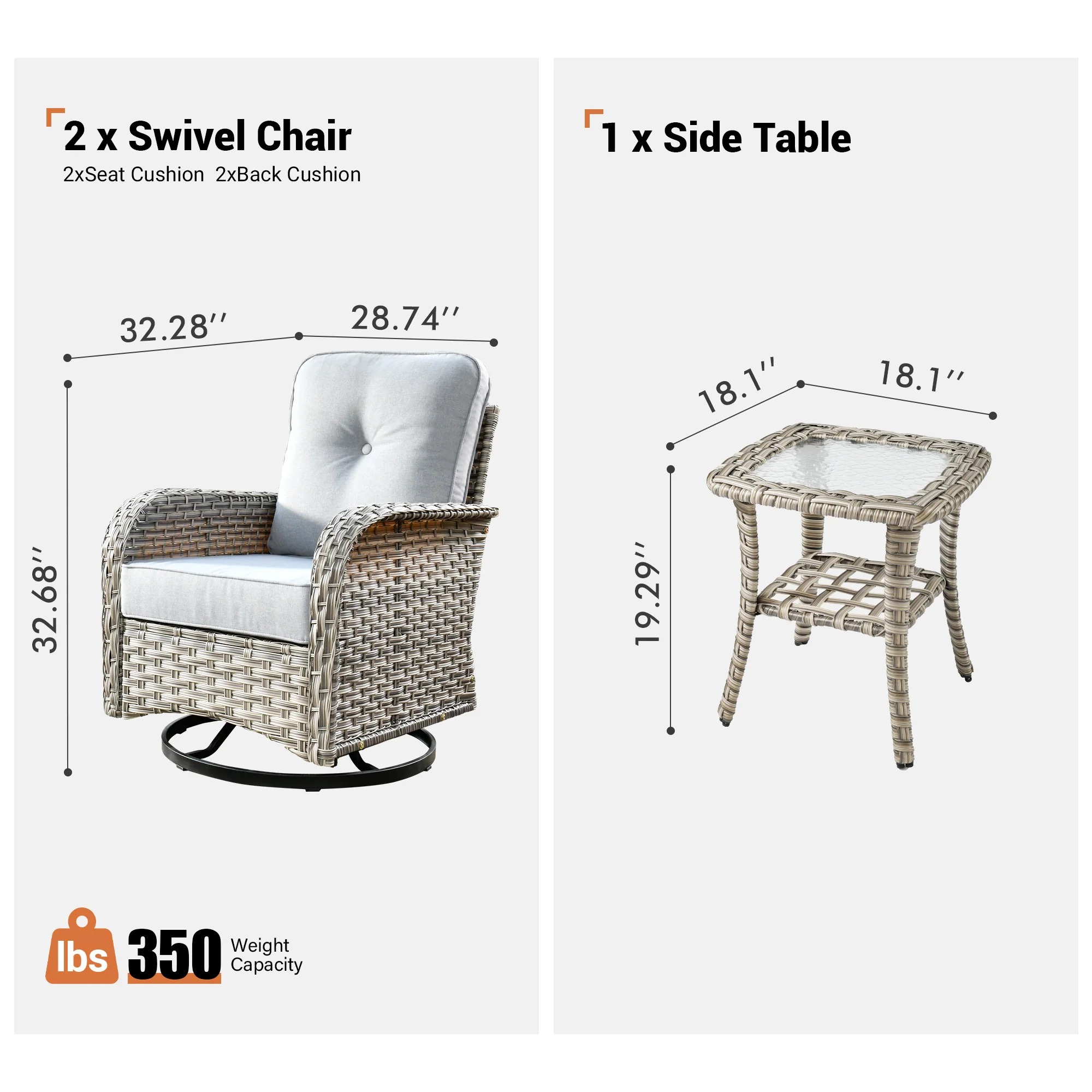 Ovios VNC Series Patio Swivel Chair 3-Piece Set