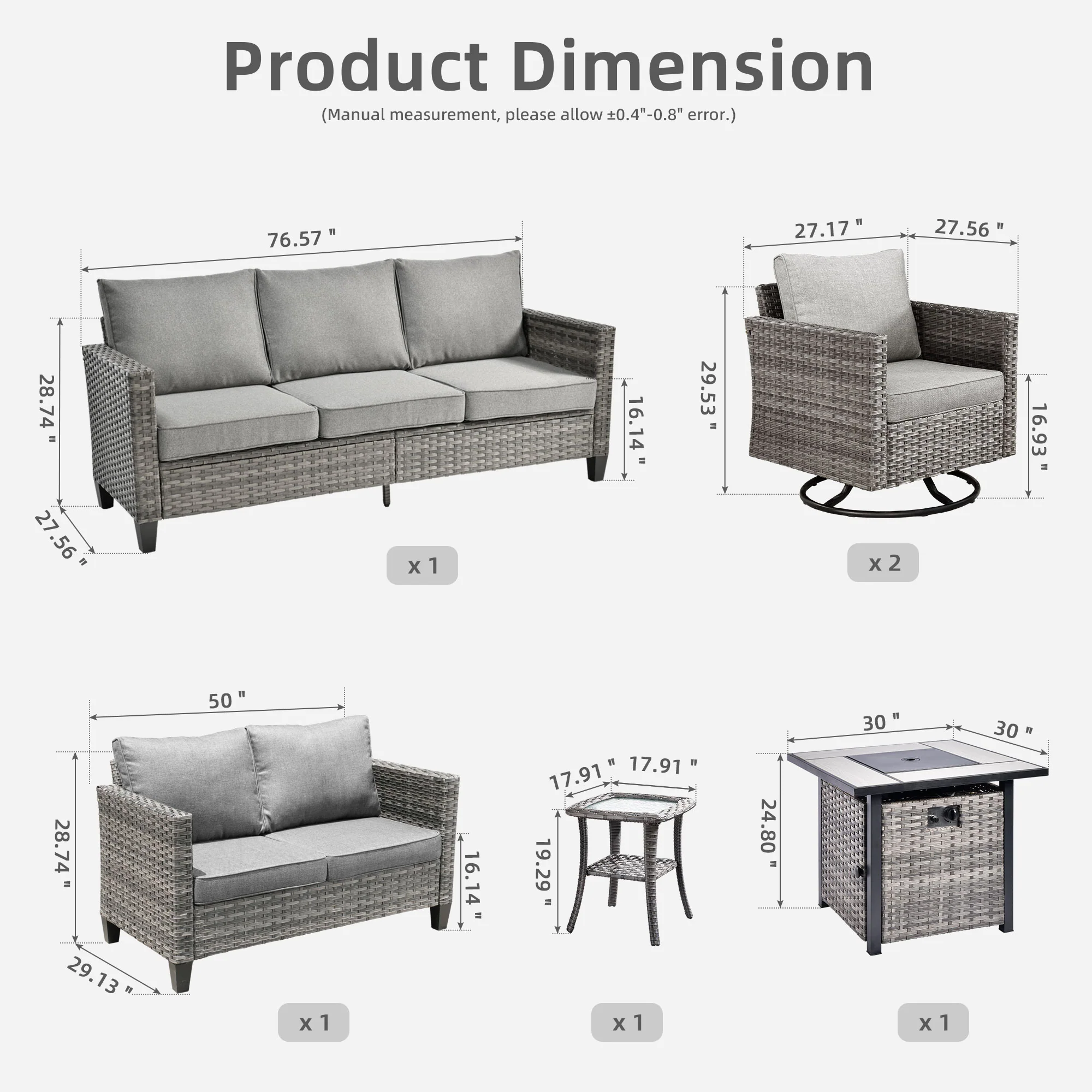 Ovios Patio Vultros 6-Piece Set With Swivel Chair Lover seat and 30'' Propane Fire Pit Table