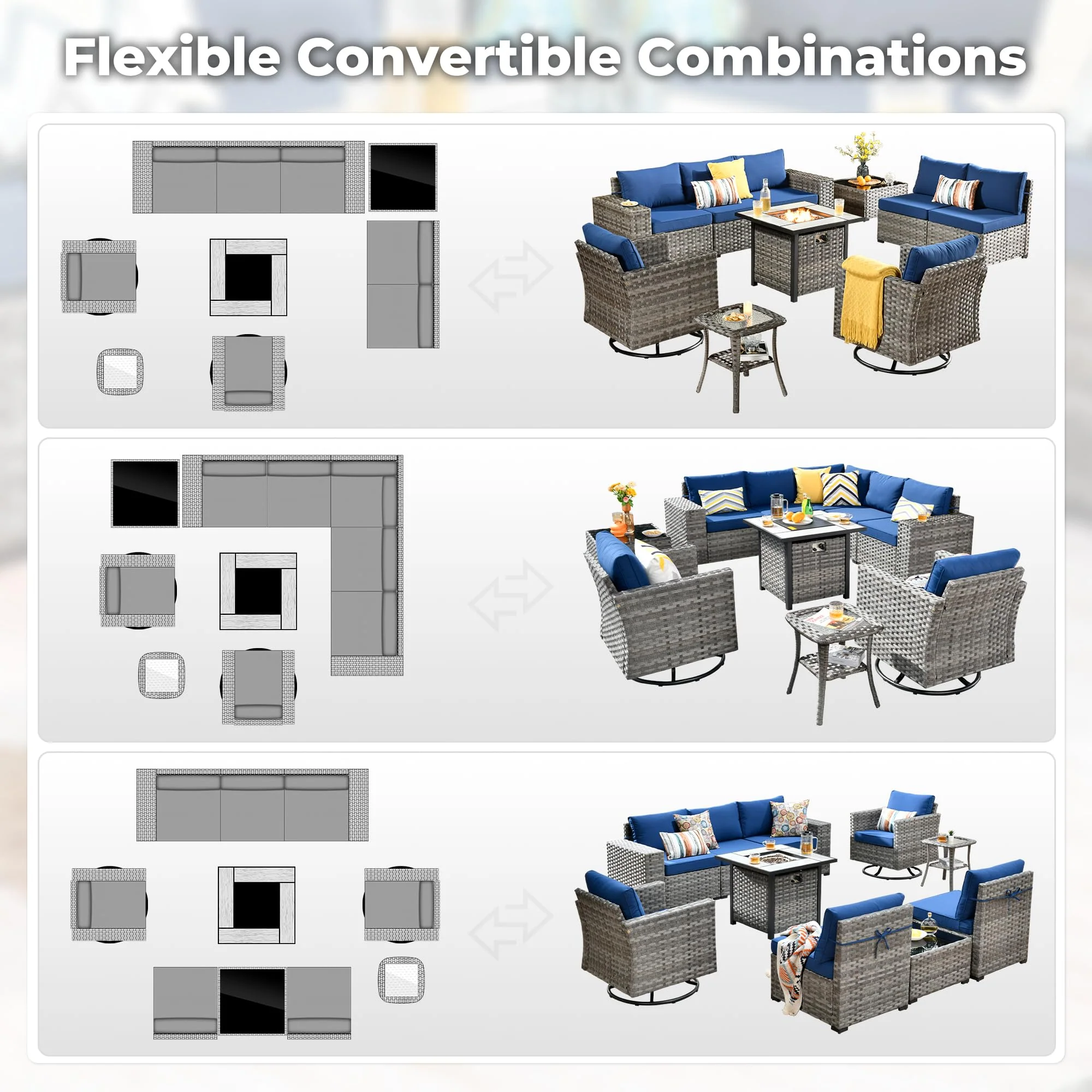 Ovios 10 Pieces Patio Furniture with 7.68'' Handrails and 30'' Fire Pit Table Rocking Chair