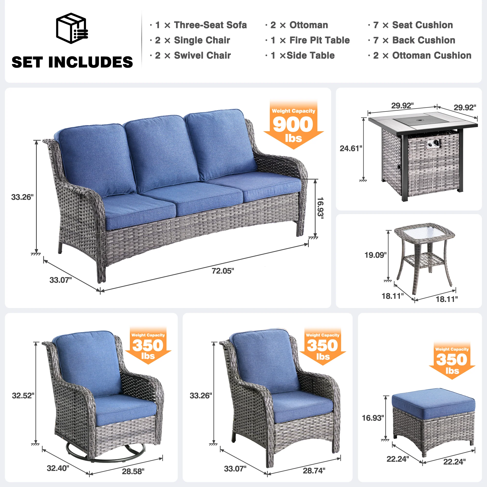 Ovios Outdoor Furniture 9-Piece with 30'' Fire Pit Table and Kenard 2 Rocking Chairs