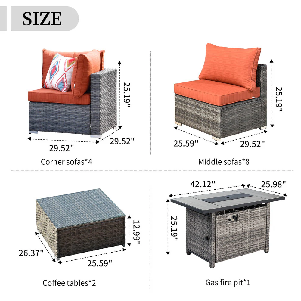 Ovios Patio Furniture Set 15-Piece with 42.12'' Fire Pit and Glass Table