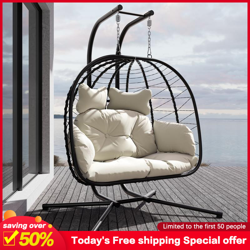 RIWENGO Double Hanging Egg Chair with Weather-Resistant Cushion, 700lbs Capacity - Foldable Patio Swing Chair with Handwoven PE Wicker & Rust-Proof Frame, for Garden, Porch, Backyard