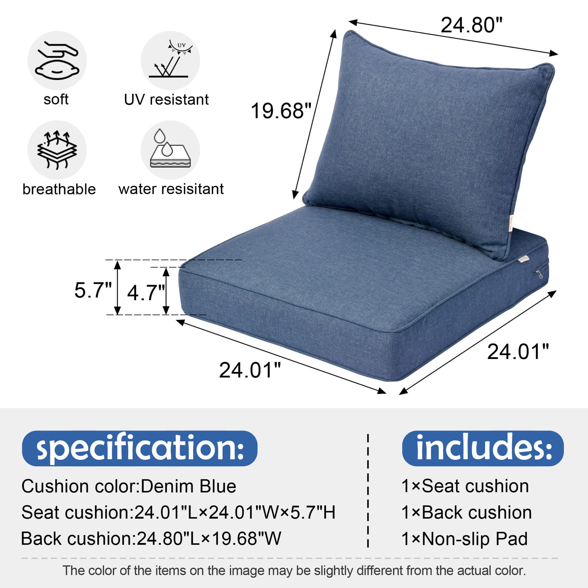 Ovios Replacement Seat Back Cushions Set with Olefin Fabric and Zipper, 24'' x 24'', Not Suitable for Ovios Patio Furniture